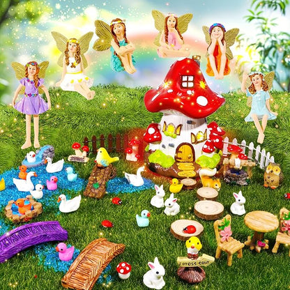 56 Pcs Fairy House Garden Kit Miniatures Fairy Garden Accessories Mini Resin Figurines Animals Decor Mushroom House Outdoor Ornaments for DIY Micro Landscape Ornament