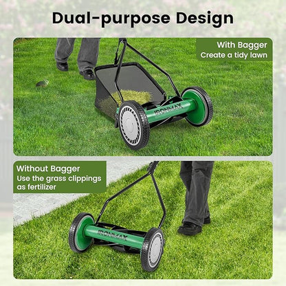 Goplus Manual Lawn Mower, 14 Inch 5-Blade Walk-Behind Cordless Grass Cutter with 7 Gallon Removable Grass Collect Bag, Adjustable Cutting Heights, Push Reel Lawn Mower for Yard, Garden