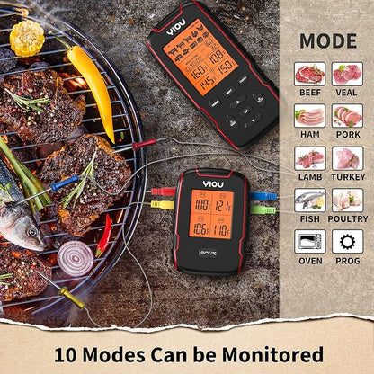 Wireless Meat Thermometer for Cooking, Digital Meat Thermometer with 4 Probes, 500FT Ultra Accurate & Fast Food Thermometer for Oven, Smoker, Red