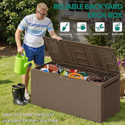 90 Gallon Outdoor Deck Box, Waterproof Outdoor Storage Box, Durable Resin Bin for Patio Cushions, Garden Tools and Pool Accessories, Lockable with UV Protection, Brown, Patio Furniture