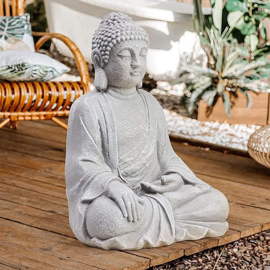 TOETOL Large Buddha Statue Outdoor Zen Decor Medium 20” High Yard Decor Magnesium Oxide Stone Grey for Yard Garden Patio Deck Home