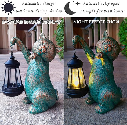Cat Garden Statue Outdoor Décor with Solar Lights Lantern,Cat Solar Light Figurines Outside Decorations for Yard，Lawn Patio, Balcony, Unique Housewarming Gifts