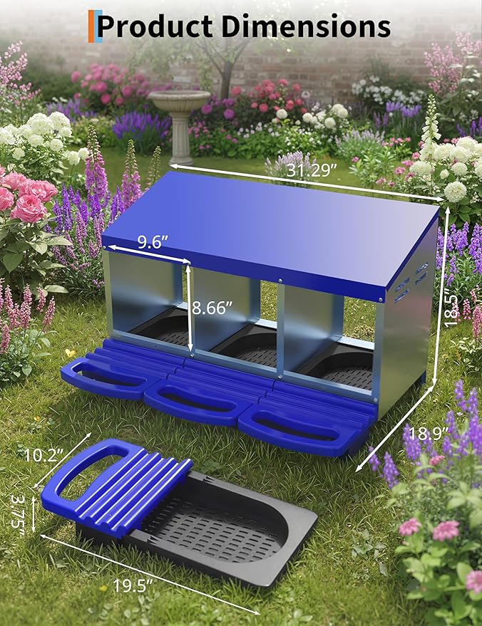 3 Room Chicken Nesting Boxes, 3 Compartment Metal Rollaway Nesting Box for Laying Hens with Cleanable Pull-Out Trays Wall Mount or Placed Design for Chicken Egg Layers