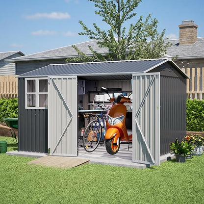 10X8 FT Outdoor Storage Shed,Metal Shed W/Window,Floor Frame & Lockable Swing Door,Garden Tool House W/ 4 Air Vents & Sloped Roof,for Backyard Patio Lawn,Gray