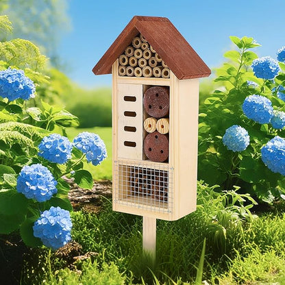 Lulu Home Wooden Insect House with Stake, Hanging & Inserting Two Mount Ways Insect Hotel for Bee, Butterfly, Ladybirds, Beneficial Insect Habitat, Bug Hotel Garden, 19.7 X 3.4 X 5.4 Inch