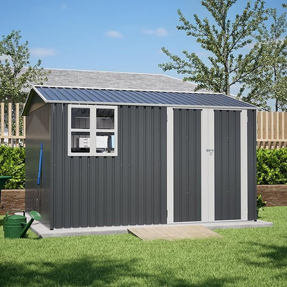 10X8 FT Outdoor Storage Shed,Metal Shed W/Window,Floor Frame & Lockable Swing Door,Garden Tool House W/ 4 Air Vents & Sloped Roof,for Backyard Patio Lawn,Gray