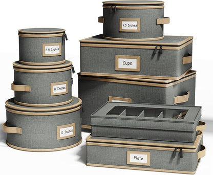 Hard Shell China Storage Containers – 8 Piece Set for Storing Dinner Plates, Salad Plates, Mugs, Quilted Dividers for Safe Moving and Seasonal Storage, Grey