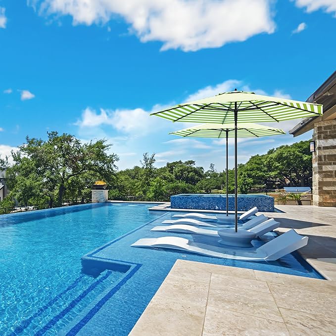 Midtown Umbrellas Push and Pop 9 Feet Outdoor Umbrella, Pear Stripes Polyester Fabric - Fiberglass Ribs Deck Patio Umbrella, Backyard Umbrella, Garden Umbrella & Pool Umbrella - Black Pole