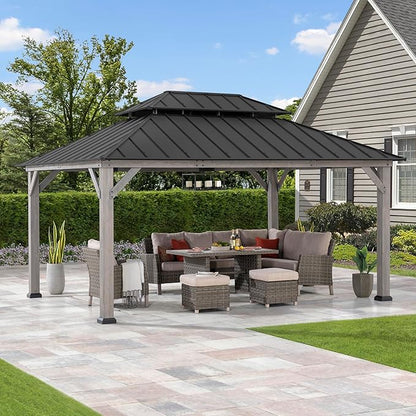 SUNJOY 12 x 16 ft. Wood Gazebo, Outdoor Patio Cedar Framed Steel Hardtop Gazebo with 2-Tier Metal Roof, Suitable for Patios, Lawn and Backyard, Matte Black Roof + Gray Wood Frame