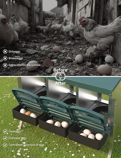 Chicken Nesting Boxes, 3 Hole Metal Rollaway Nest Box for Laying Hens with Cleanable Pull-Out Trays Wall Mount or Placed Design for Easy Egg Collection & Cleaning(Includes Legs)