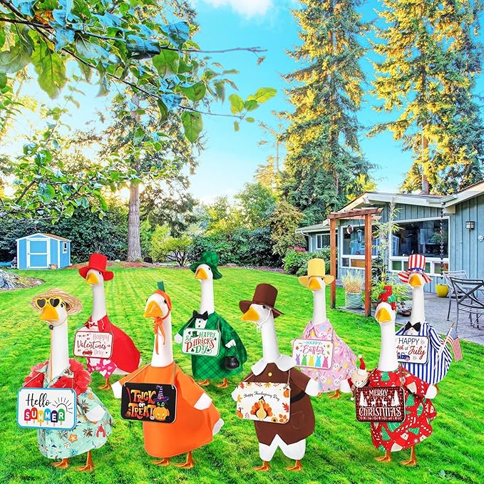 8 Set Seasonal Holiday Goose Outfits Hanging Signs Fall Halloween Christmas Porch Statue Outfits All Seasons Holiday 23" Goose Clothes Patio Lawn Outdoor Decors(Cool Style)