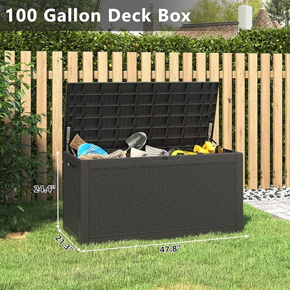 Outdoor Storage Box, Resin Deck Boxes Indoor and outdoor, Waterproof Storage Box Lockable Lid (Black, 100 Gallon)