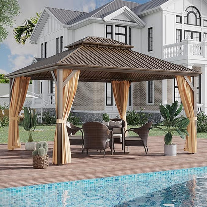 10'x14' Hardtop Gazebo, Outdoor Aluminum Patio Gazebo Double Roof Galvanized Steel Canopy with Netting and Curtains,for Garden, Patio, Backyard, Deck and Lawns.