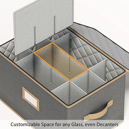 Wine Glass Storage Box with Dividers, Quilted Hard Shell Organizer for Stemware and Glassware Sets, Ideal for Storage and Moving Supplies, 1-Pack, Grey