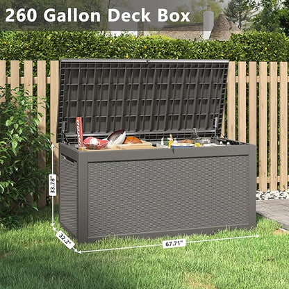 260 Gallon Resin Deck Box, Large Indoor and Outdoor Storage Box, Weatherproof and UV Resistant Outdoor Storage Box with Built-in Steel Beams for Patio Cushions, Pool Supplies
