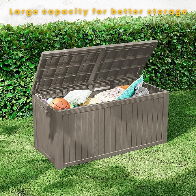 150 Gallon Outdoor Storage Box Waterproof Lockable Resin Deck Box Large, Patio Storage Bin for Pool Accessories Cushion Furniture, Garden Tools, UV-Resistant Outside Delivery Grey