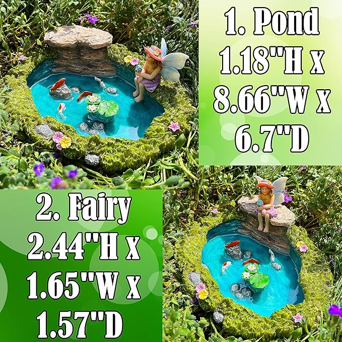 Mood Lab Fairy Garden - Miniature Fish Pond & Fairy Figurine Kit - 2 pcs Set of Garden Accessories - Outdoor or House Decor