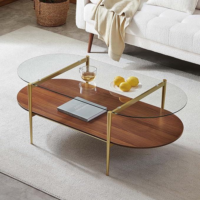 X-Large Oval Glass Coffee Table, Mid-Century Modern Design, L47 x W24 x H17 inch, for Living Room, Clear Glass Top and Walnut Finish Wood Shelf, Conical Legs with Gold Finish Frame
